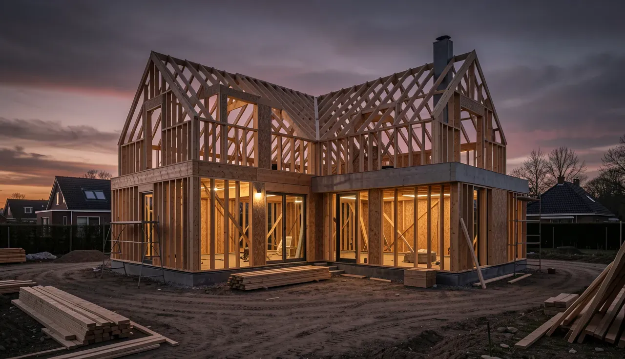Sfeerbeeld van een bouwlocatie in Rotterdam in uitvoering, ruwbouw bij avond
