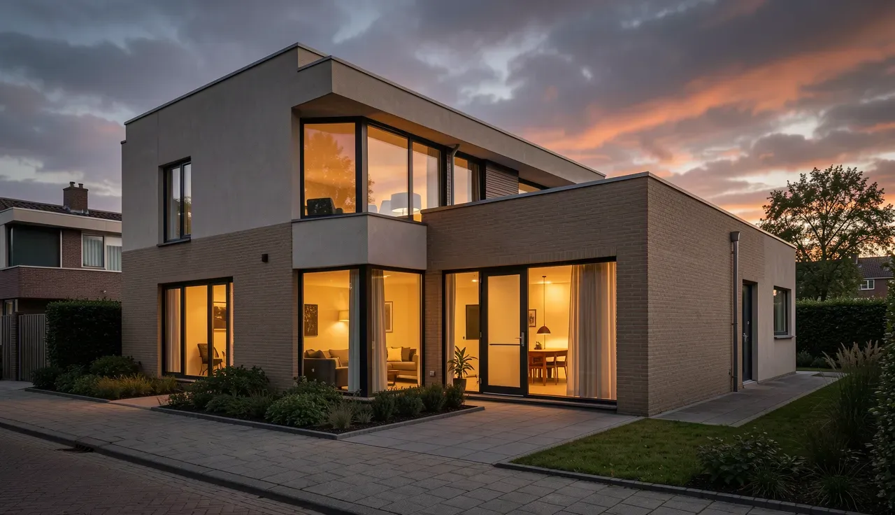 Cinematisch exterieur van een eigentijdse Rotterdamse woning bij avondlicht