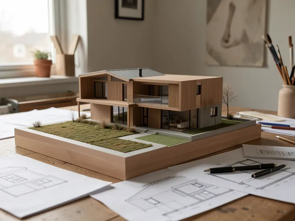 Maquette en schetsontwerp van een eigentijdse woning op een tafel in het atelier