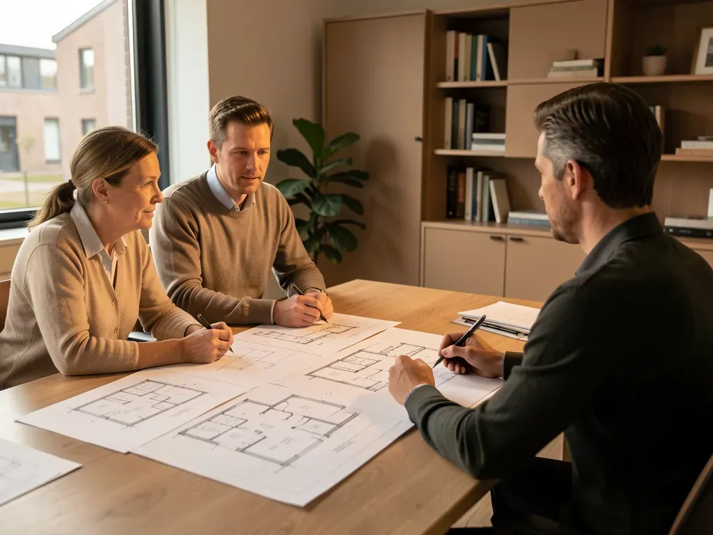 Kennismakingsgesprek architect en opdrachtgever aan tafel