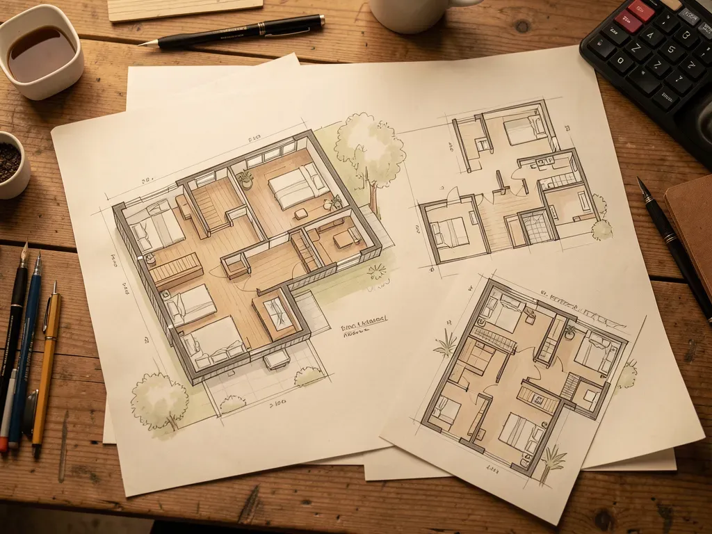 Schetsontwerp met plattegronden van een woning